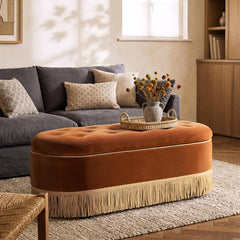 Avalon 48.5" Oval Tufted Bullion Fringe Storage Bench, Burnt Orange Performance Velvet
