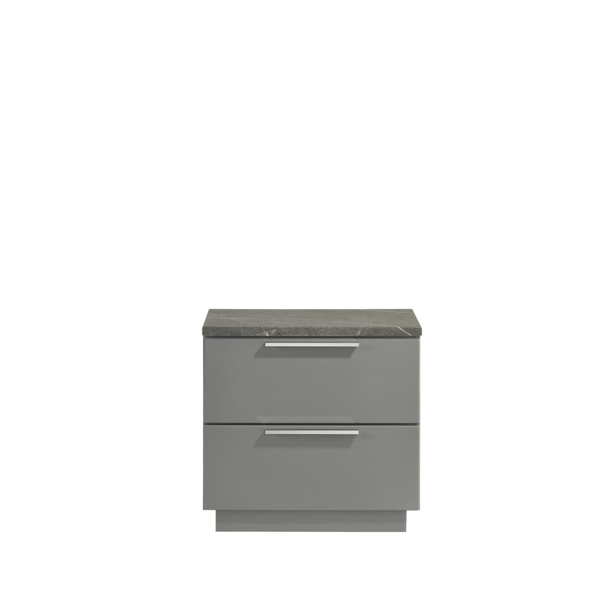 Sonata Nightstand – Two-Tone High-Gloss Marble & Lacquer Finish with Red Velvet-Lined Drawers and Metal-Finished Legs- Gray