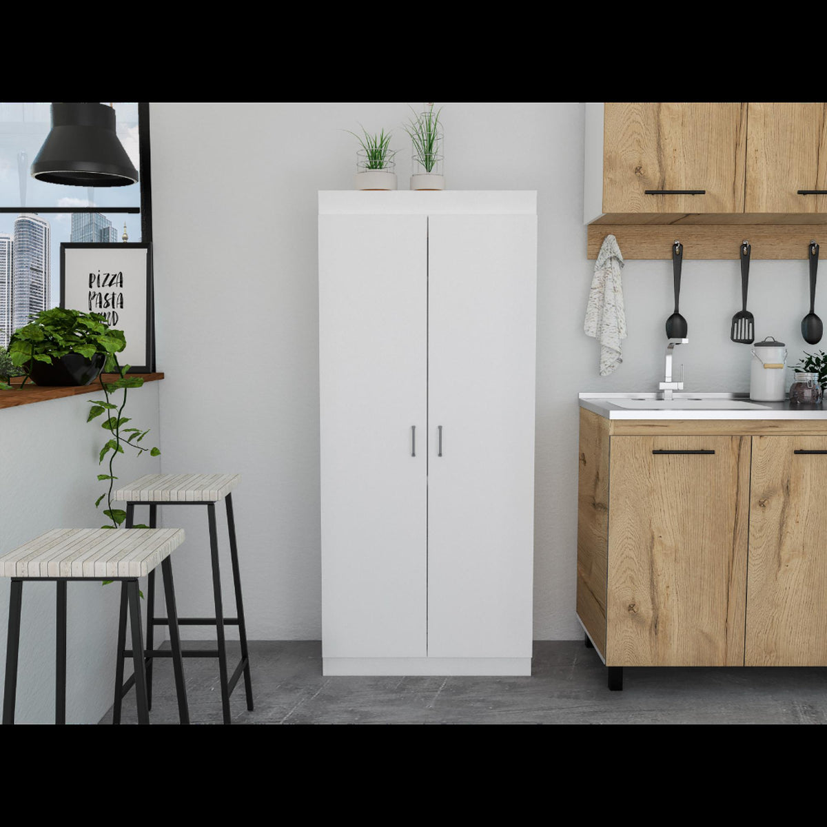 Tiara Pantry Cabinet, Double Door,Five Shelves -White