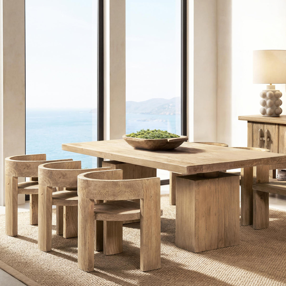 Meteor Solid Reclaimed Elm Sculptural Accent Curved Dining Chair, Heritage Light Natural Brown