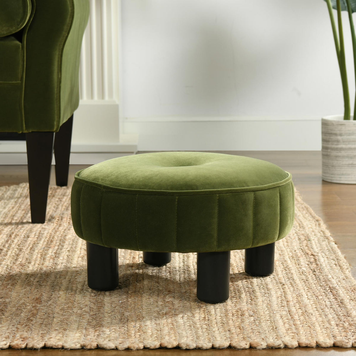 Zeus 16" Round Footstool Ottoman, Olive Green Performance Velvet