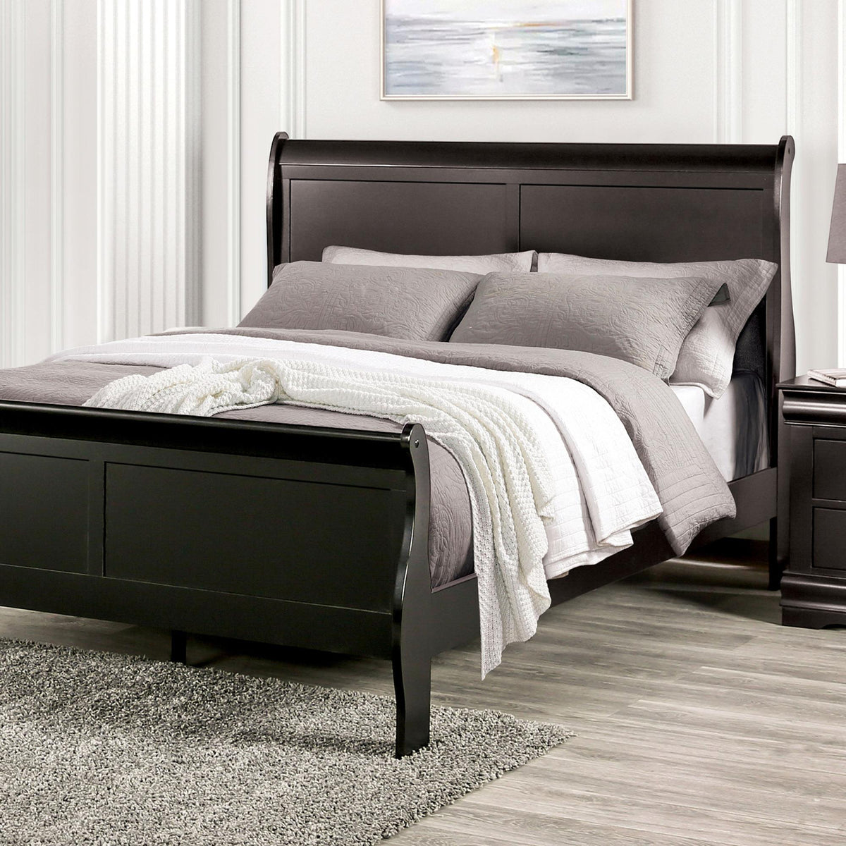 Black Sleigh Design Twin Size Bed Bedroom Furniture 1pc Louis Phillipe Bed Bracket Feet Wooden