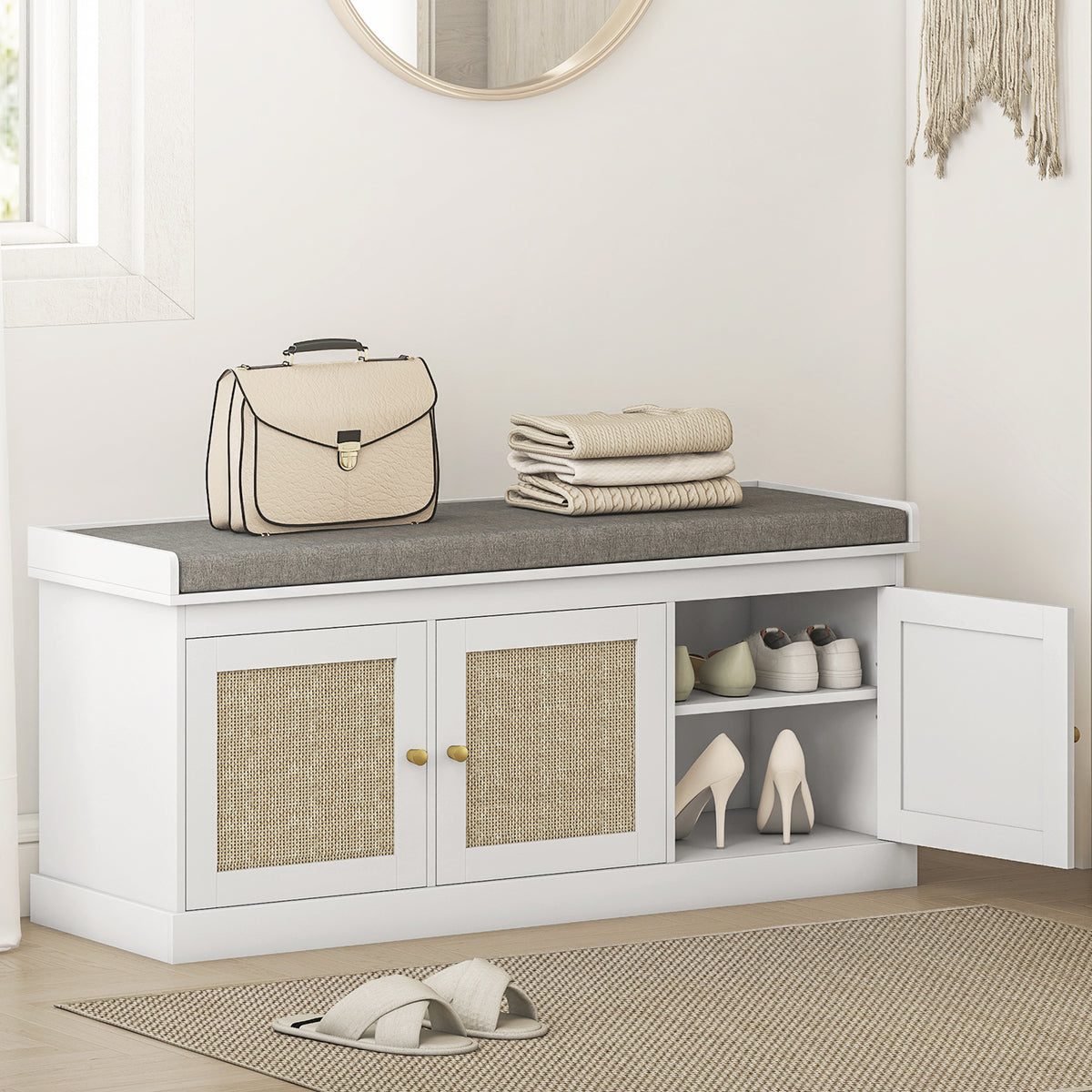 Shoe Storage Bench with Woven Rattan Doors, Shoe Bench with Cushion, Adjustable Shelves, Entryway Bench, White