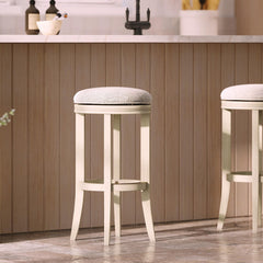 Story Bar-Height Backless Wood Barstool with Swivel Upholstered Seat, Distressed Ivory, 1PC