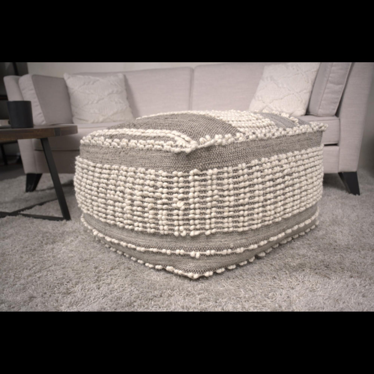 Rustic Wool and Cotton Large Pouf, Brown