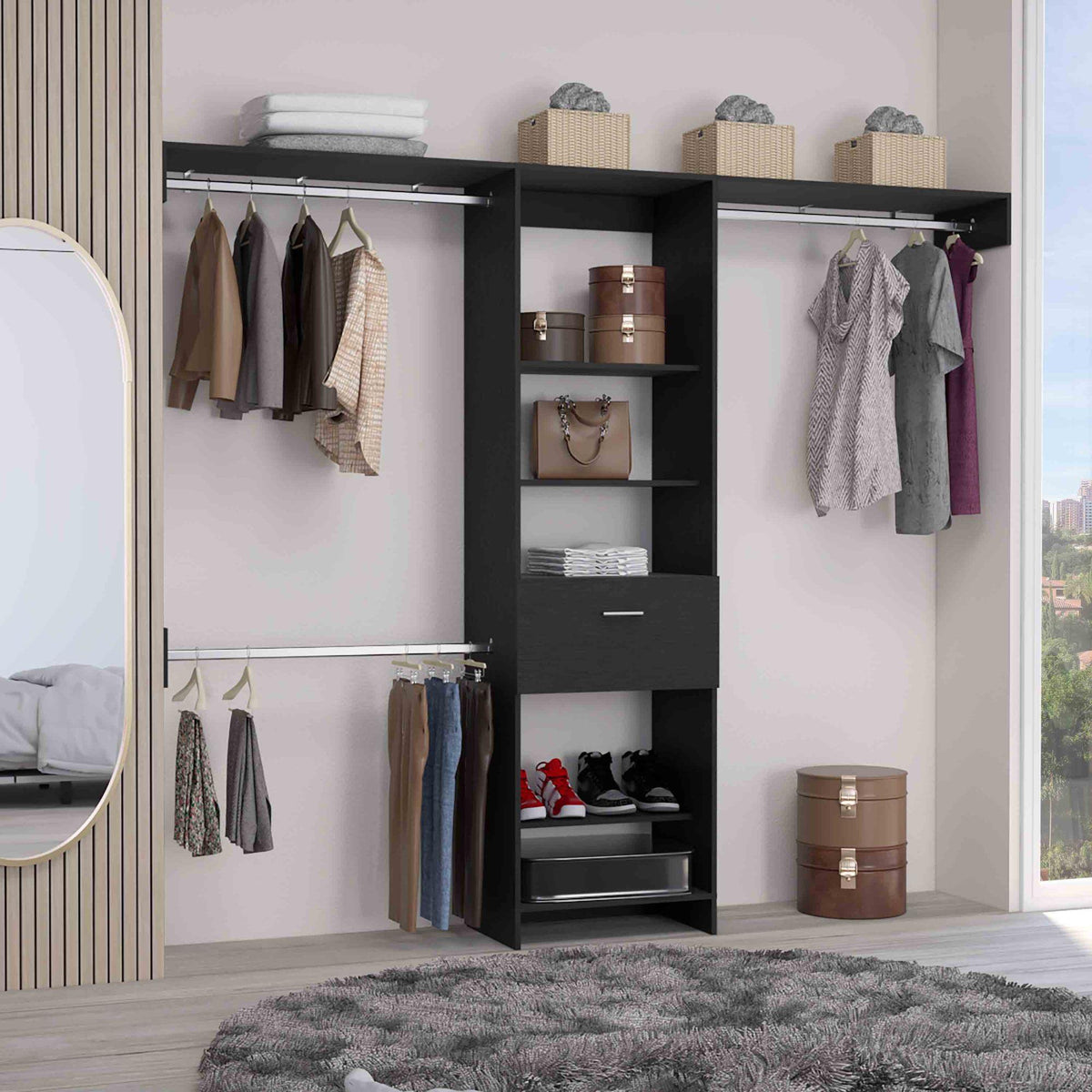 Demeter System, One Drawer, Three Metal Rods, Five Open Shelves, Black