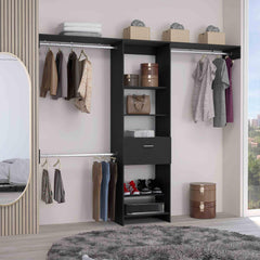 Demeter System, One Drawer, Three Metal Rods, Five Open Shelves, Black