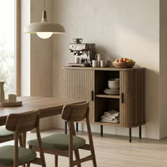 35.4" Sideboard Buffet Cabinet with Storage, Nordic Coffee Bar Cabinet with Slatted Tambour Doors and Metal Legs, Walnut