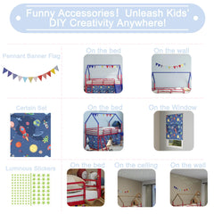 Agamemnon Metal Junior House Twin Loft Bed with Slide and Curtain Set, Super Hero Color Red and Blue