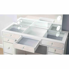 Contemporary Style 1pc Vanity w/ Stool Set Glass Top Storage Drawers Central Mirror w/ Bulbs USB And Power Outlet White and Gray Finish
