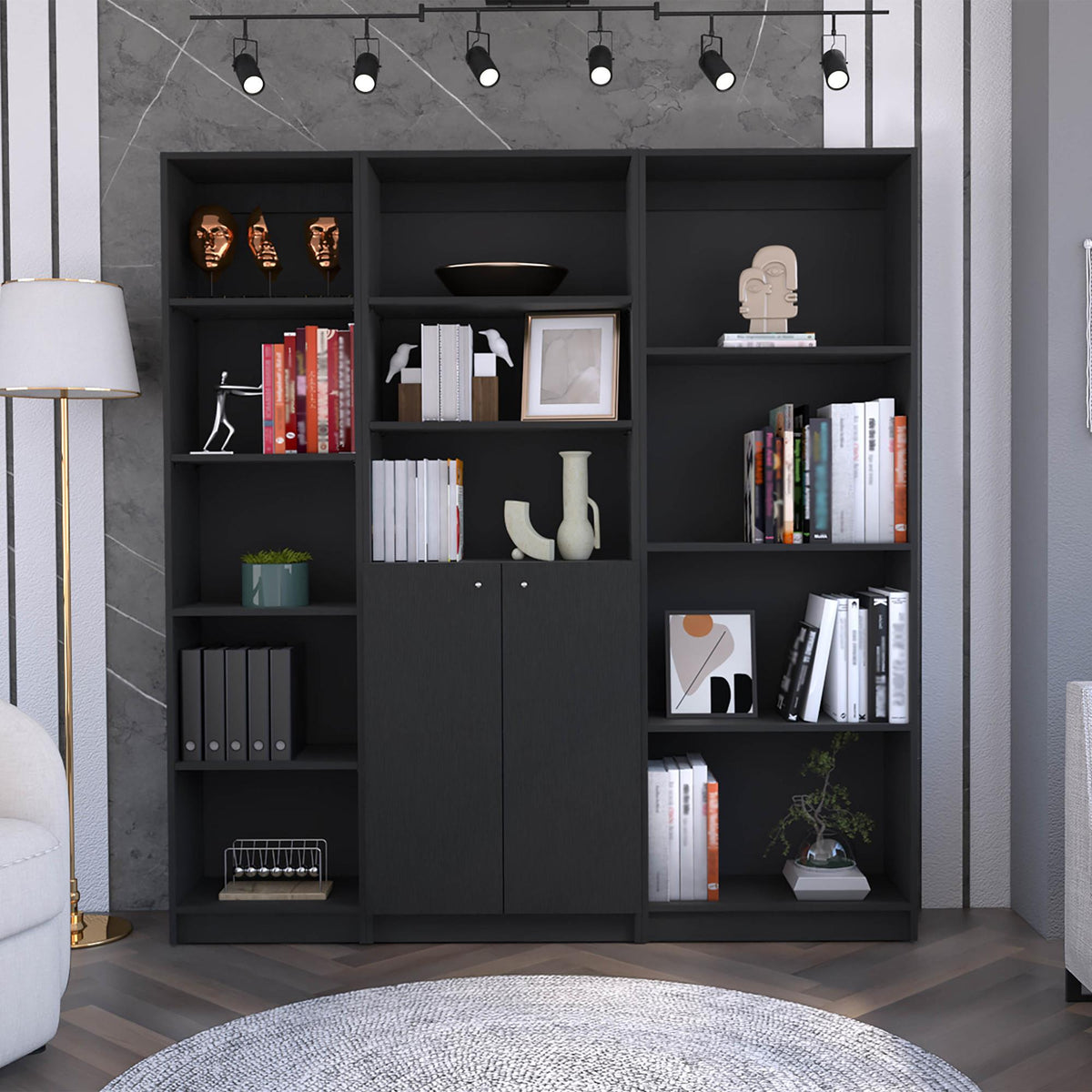 Fable 3 Piece Home Bookcase set, 67" Wide with 12 Shelves and Two-Door Cabinet , Living Room Set Set Black