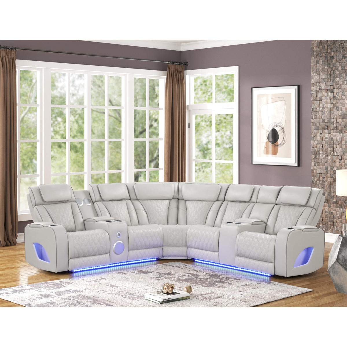 Hephaestus Modern Style power recliner sectional with Bluetooth speaker and LED made with wood & metal, Massage Function Included Beige