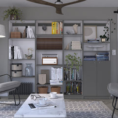 Nebula 4 Piece Home Bookcase set, 91" Wide with 17 Shelves And a Double-Door Cabinet , Living Room Set Matt Gray / White