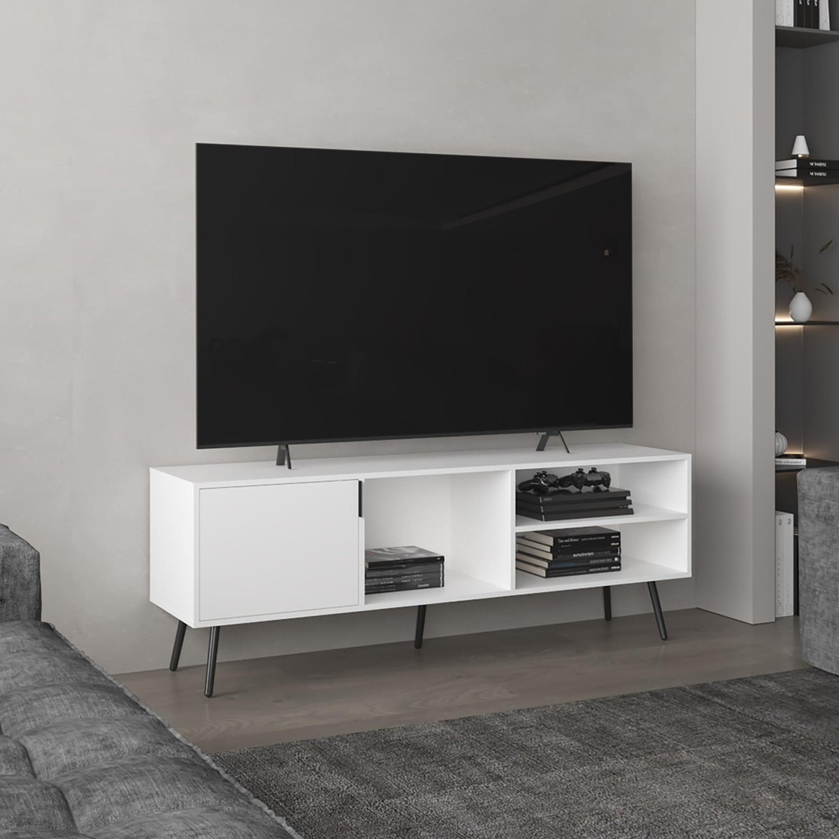 Oasis 63" Wide Tv Stand with One Cabinet, Three Open Shelves, Cable Management, Living Room, Tv Room White