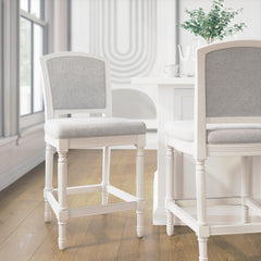 26" White Counter-Height Bar Stool with Gray Upholstered Seat and Back, 1PC