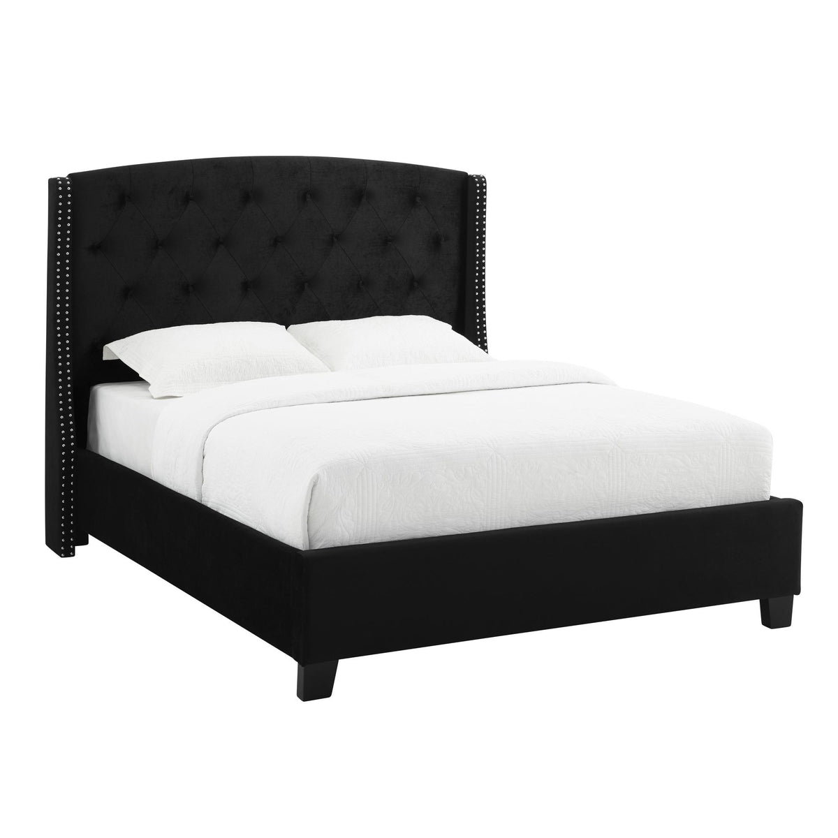 1pc King Size Upholstered Panel Bed Wing Back Headboard Button Tufted Nail head Trim Black Wood Fabric Bedroom Furniture