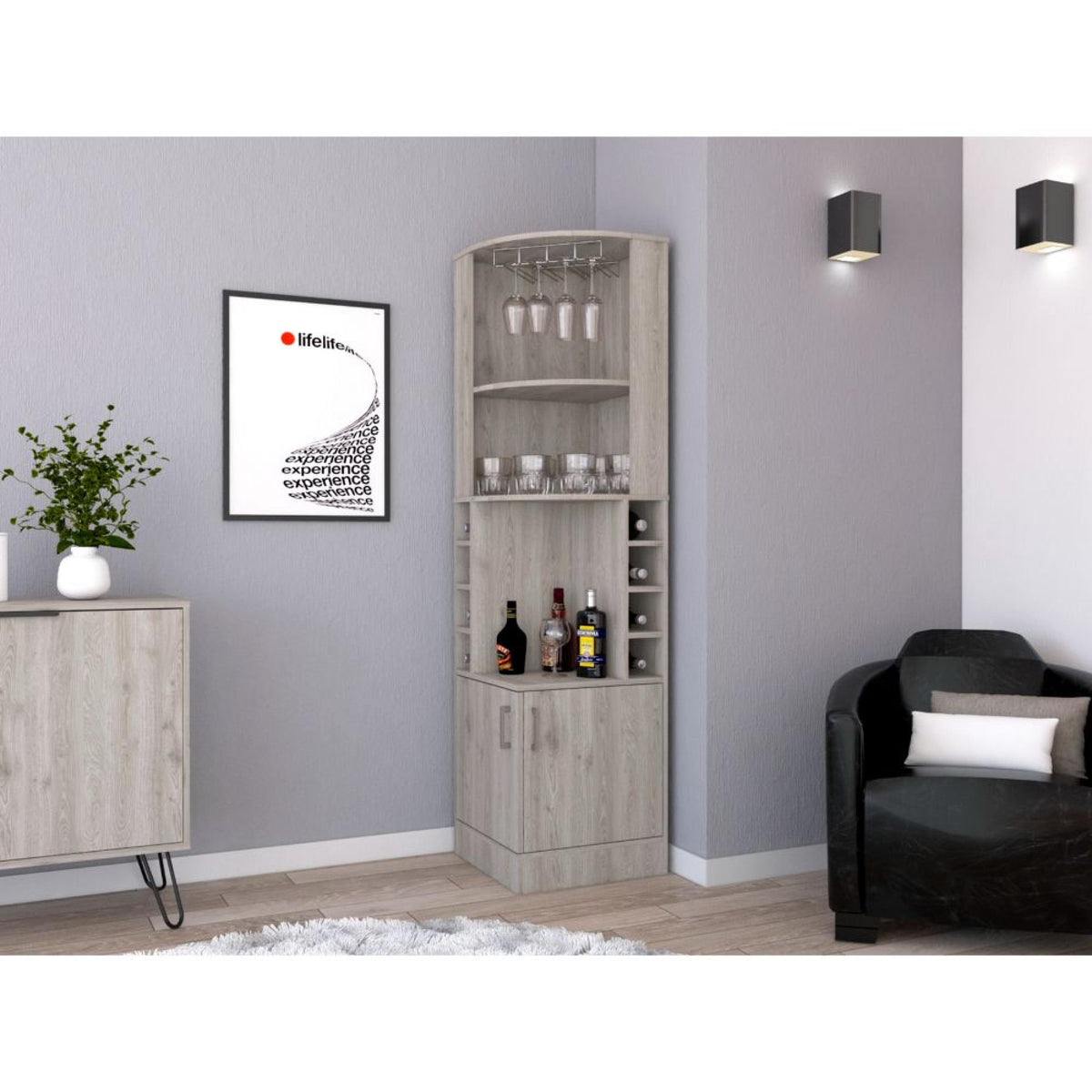 Asteroid bar cabinet 71" H, with two shelves at the top, 1 glass holder, 8 exterior bottle racks, 1 central shelf and a lower drawer with 2 side doors, light gray