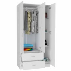 Crown 3 Door Armoire with Drawers, Shelves, and Hanging Rod -White