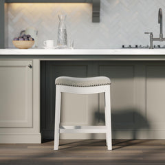 Sanctuary Counter-Height Backless Wood Saddle-Seat Barstool with Nailhead Trim, Farmhouse Whitewash with Gray Upholstered Seat, 1PC