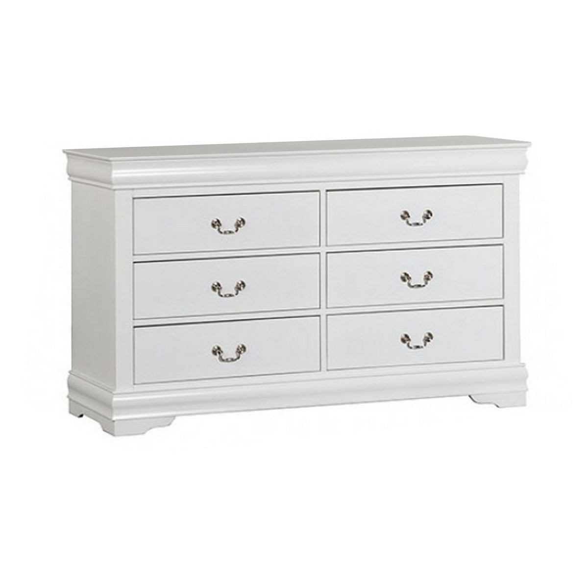 Crest Wide Dresser Chest, 6 Drawers, Nickel Metal Handles, White Solid Wood