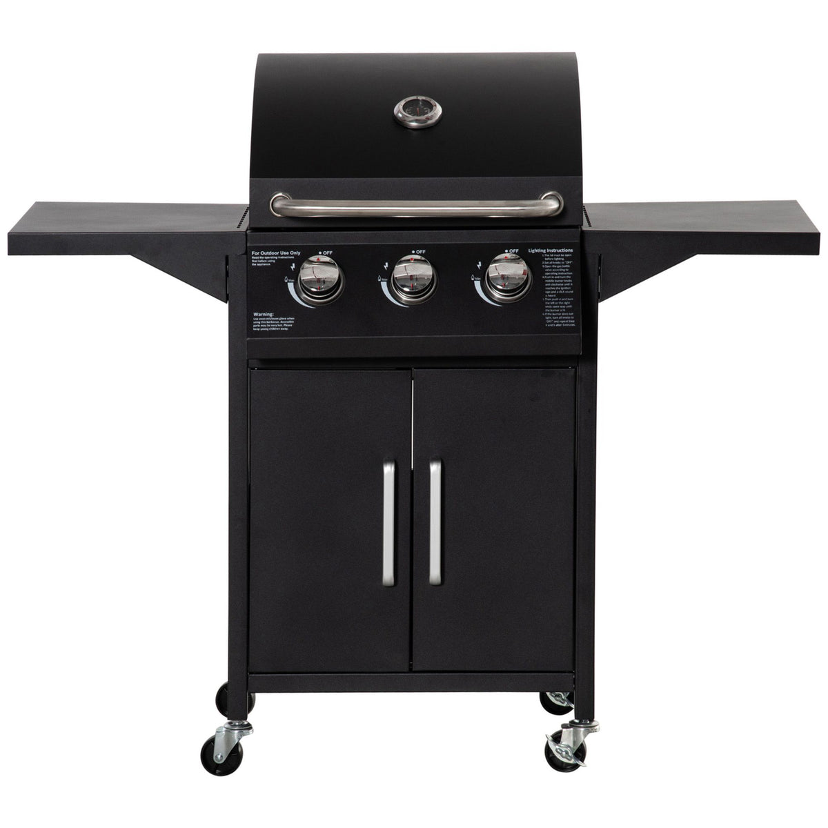 Outdoor 3 Burner Gas Grill Portable Barbecue w/ Wheels, Warming Rack, Shelves, Cabinet, Thermometer, Black