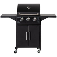Outdoor 3 Burner Gas Grill Portable Barbecue w/ Wheels, Warming Rack, Shelves, Cabinet, Thermometer, Black