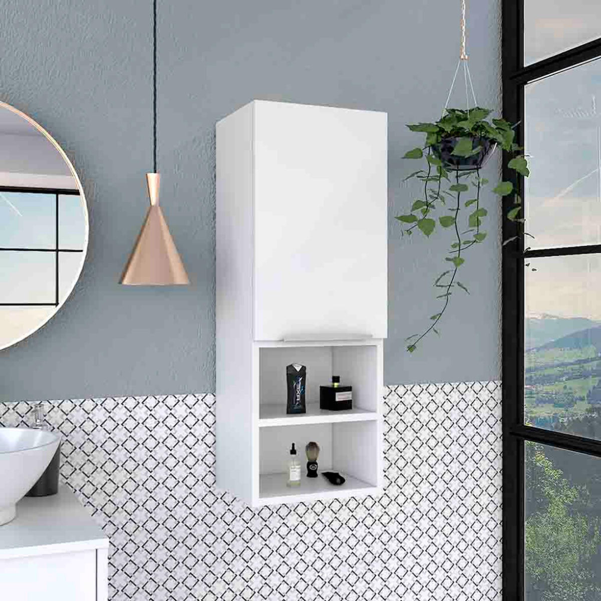 Display Single Door Cabinet 32" H, Two Interior Shelves, Two External Shelves, White