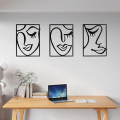 Melody 3 Piece Set Wall Decor, Face Line Drawing Abstract Design, Black Rectangular Metal Frame
