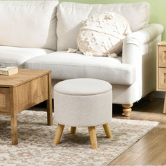 Round Ottoman Stool with Storage, Linen Fabric Upholstered Foot Stool with Padded Seat, Hidden Space and Wood Legs