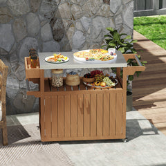Outdoor Bar Cart with Storage, Stainless Steel Outdoor Bar Table Top, Wheeled HDPE Kitchen Island for Food Prep, Brown