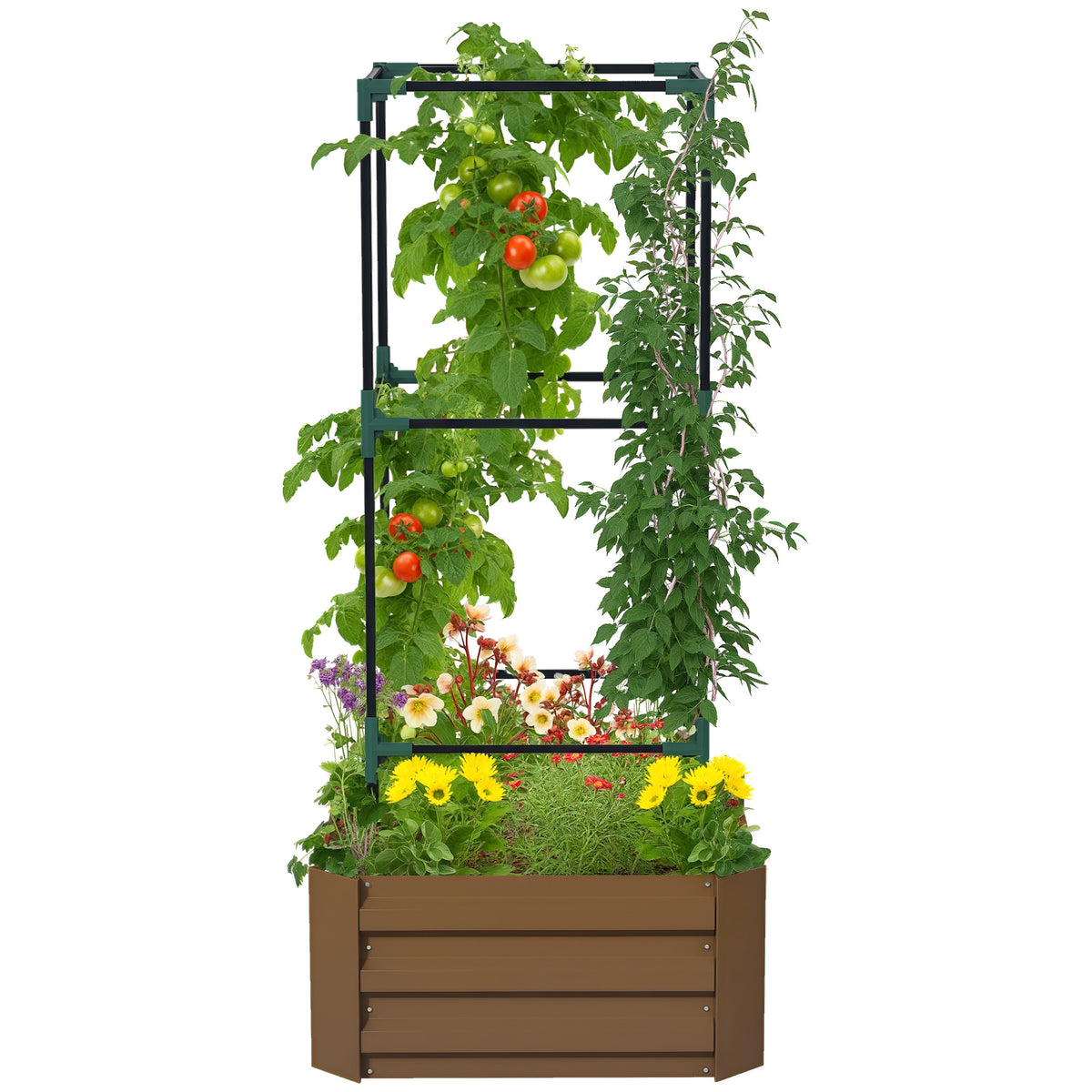 Galvanized Planter Box, 24" x 24" x 55" Raised Garden Bed with Tomato Cage for Climbing Vines, Brown