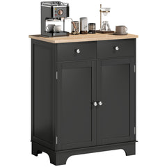 Kitchen Storage Cabinet, Sideboard Floor Cupboard with Solid Wood Top, Adjustable Shelf, and 2 Drawers, Black