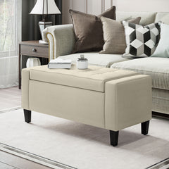 36" Ottoman with Storage, Storage Ottoman Bench with Lift Top and Rubberwood Legs, Linen Upholstered Entryway Bench with Seating for Living Room, Bedroom, Holds up to 330 lb, Beige