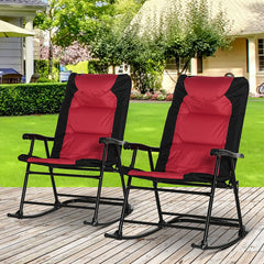 Oversized Folding Rocking Camping Chair Set of 2, Padded Outdoor Rockers with High Back and Armrests, Portable Outdoor Patio Chairs with Steel Frame for Garden, Porch, Lawn, Red