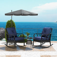 2 Piece Outdoor Wicker Rocking Chairs Rattan Porch Rockers with Cushions, Aluminum Frame for Garden, Patio, Blue