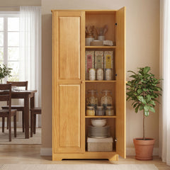 67" Pinewood Kitchen Pantry Storage Cabinet, Freestanding Cabinets with Doors and Shelves, Dining Room