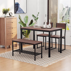 Industrial 4 Piece Dining Room Table Set with Bench Wooden Kitchen Table and Chairs w/ Storage Rack for Kitchen, Dinette, Rustic Brown/Black