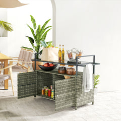 2-Tier Shelf PE Rattan Outdoor Bar Table, Glass Top Outdoor Serving Cart with Cabinet, Mixed Gray