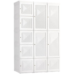 Portable Wardrobe Closet, Folding Clothes Storage Organizer with 8 Cube Compartments, 2 Hanging Rods, 11 Magnet Doors, White