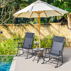 Outdoor Folding Rocking Chair Patio Table Seating Set, 2 Rocking Chairs with Armrests and 1 Side Table with Tempered Glass - Grey