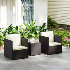 Folding Wicker Bistro Set, 3 Piece Patio Furniture Set with Cushions and Glass Coffee Table for Porch, Balcony, Brown