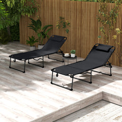 2 Piece Folding Chaise Lounge Pool Chairs with 5-level Reclining Back, Reading Hole, Side Pocket, Black