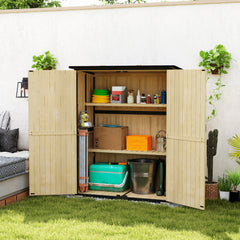 Wood Storage Shed, Outdoor Garden Shed with Asphalt Roof, 2 Shelves, Lockable Doors and Adjustable Feet, Natural