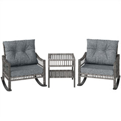 3 Piece Outdoor PE Rattan Rocker Chair Set, Rocking Chair with Tempered Glass Table Top, Gray