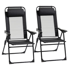 Folding Patio Dining Chairs Set of 2, Outdoor Deck Chair with Adjustable Sling Back, Camping Chair with Removable Headrest for Garden, Backyard, Lawn, Black