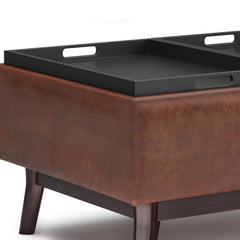 Hecuba 34 inch Wide Tray Top Small Coffee Table Storage Ottoman in Distressed Saddle Brown Vegan Leather