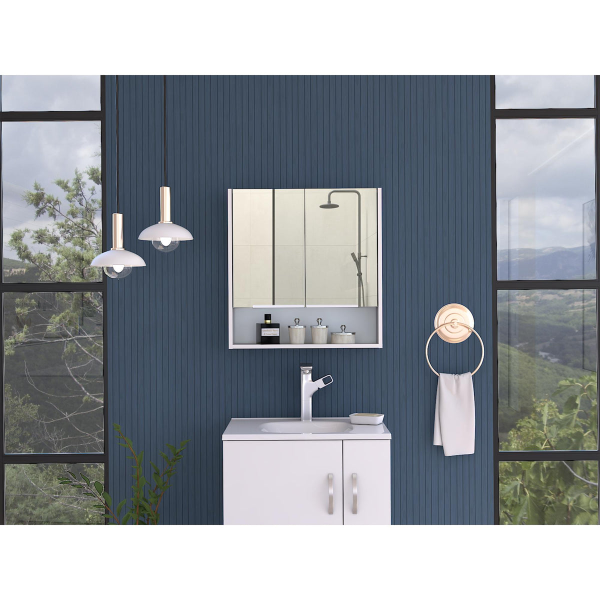 Saga Mirror Cabinet, Three Internal Shelves, One Open Shelf, Double Door Cabinet -White