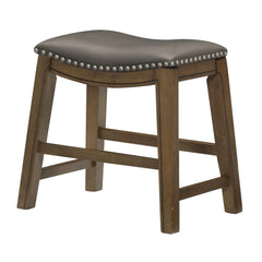 Avalon 20 Inch Dining Stool, Gray Faux Leather, Brown Solid Wood, Nailheads