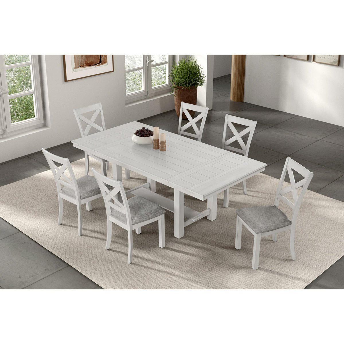 Contemporary 7pc Dining Set White Oak Table w Leaf 6x Side Chairs Cross Back Cushion Seat Chair