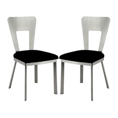 Contemporary Silver Metal 2pc Dining Chairs Black Microfiber Seat Dining Room Keyhole Back Satin Plated Powder Coating Chair